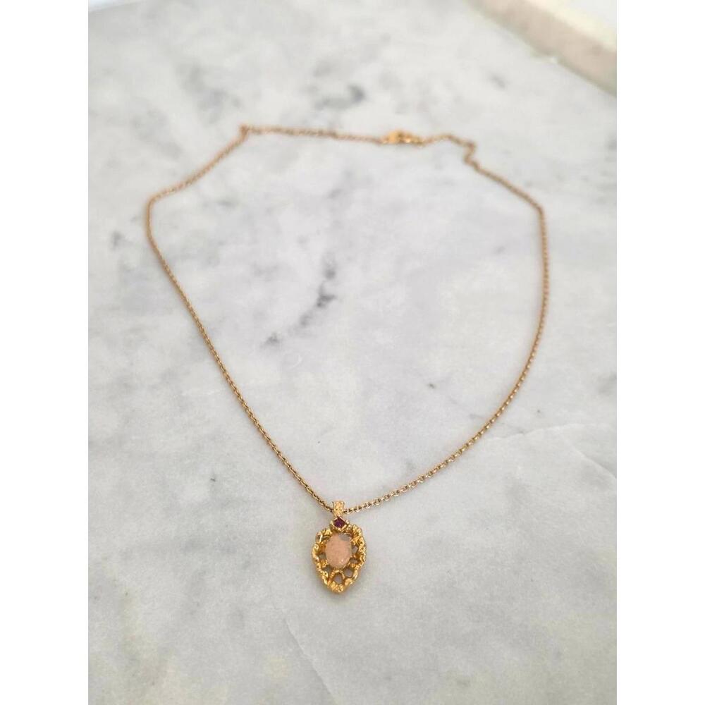 Vintage Gold Tone Necklace with Opal & Ruby – 17” Chain, Dainty Pendant